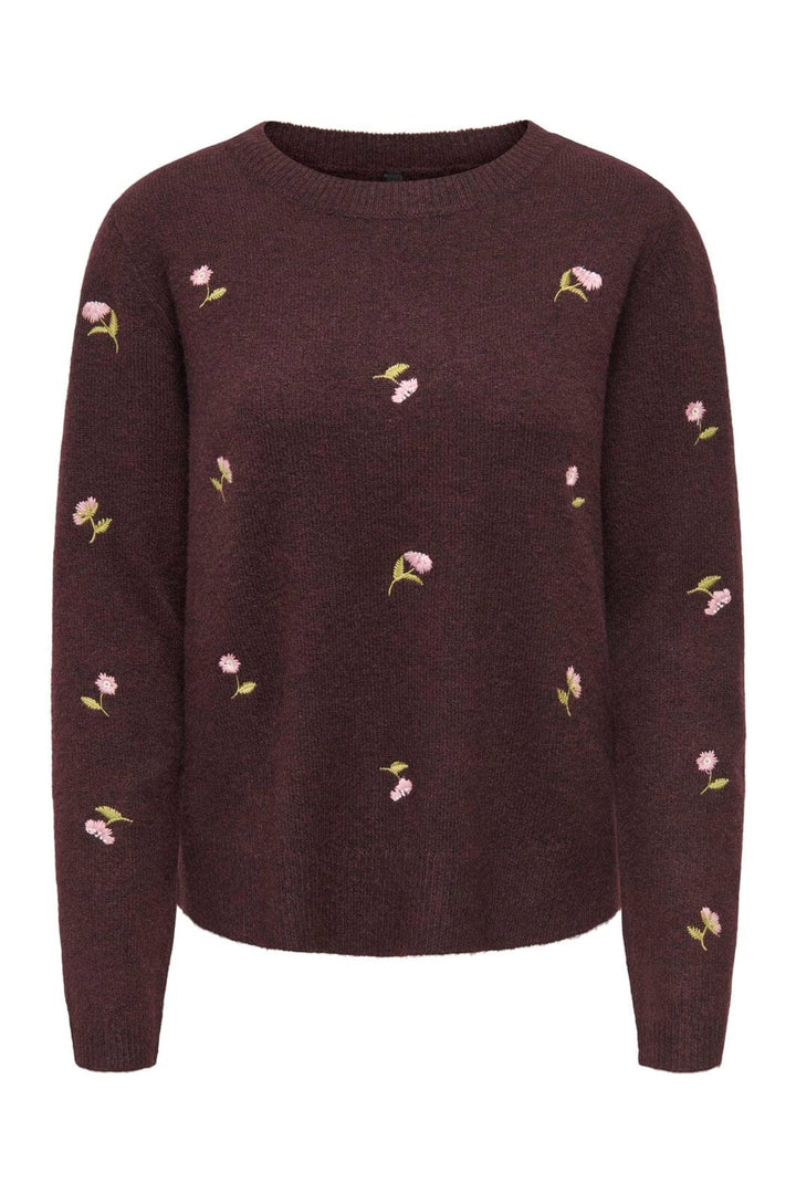 Only - Onlshine Ls Embroidery O-Neck Cc Knt - 5100611 Fudge Mel/Flower Body/Beech/Pale L/Birch