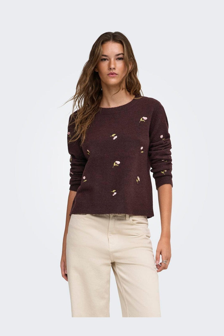 Only - Onlshine Ls Embroidery O-Neck Cc Knt - 5100611 Fudge Mel/Flower Body/Beech/Pale L/Birch