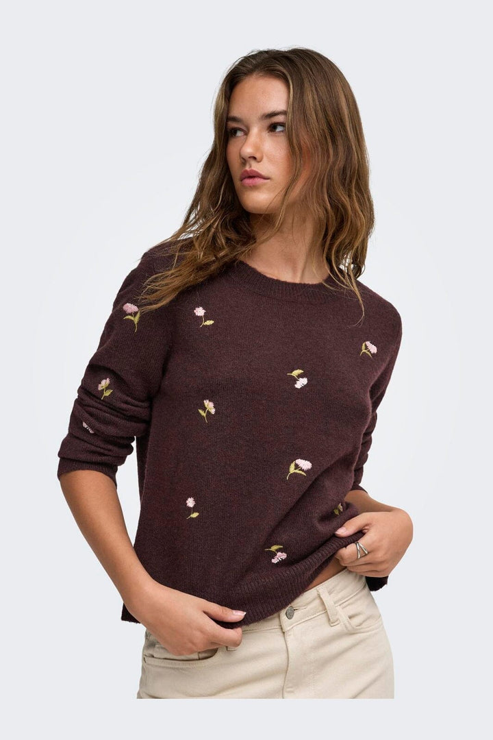 Only - Onlshine Ls Embroidery O-Neck Cc Knt - 5100611 Fudge Mel/Flower Body/Beech/Pale L/Birch