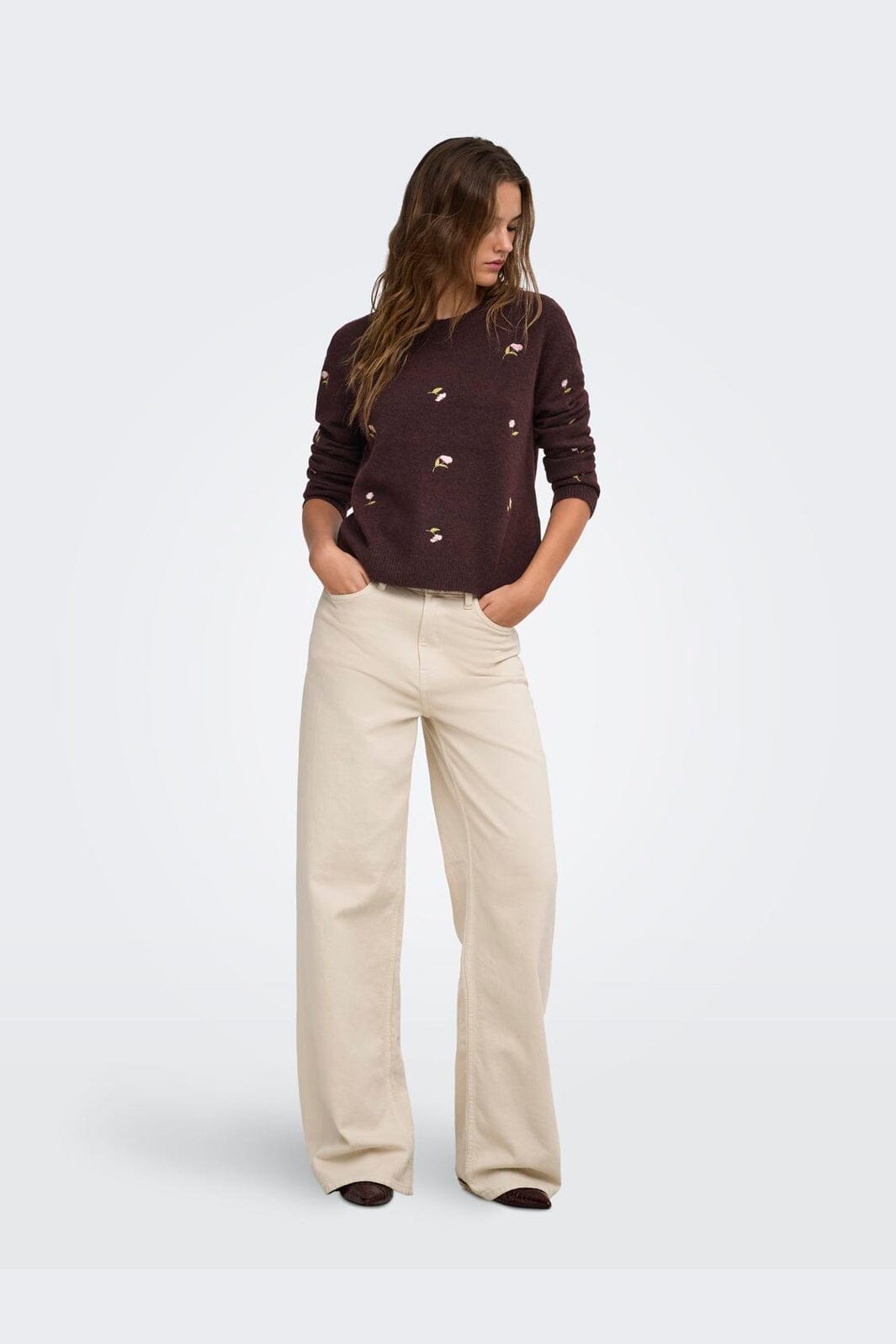 Only - Onlshine Ls Embroidery O-Neck Cc Knt - 5100611 Fudge Mel/Flower Body/Beech/Pale L/Birch
