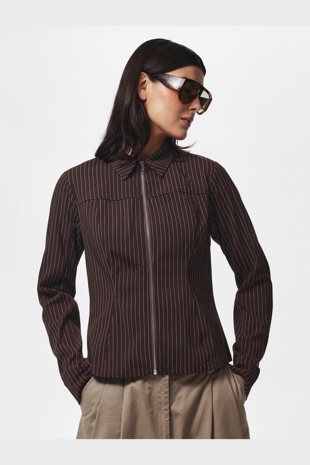 Pieces - Pcanja Ls Zip Shirt - 5200653 Delicioso Pinstripes
