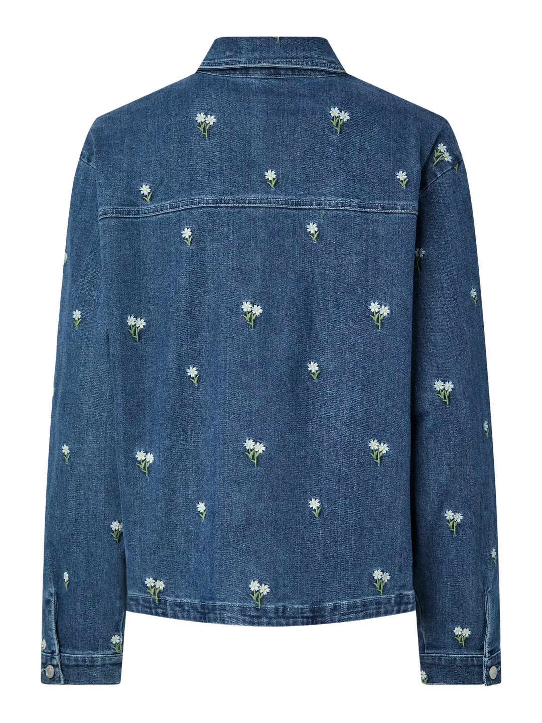 Pieces - Pcflora Ls Denim Emb Shirt - 5068168 Medium Blue Denim White Flower Embroidery Skjorter 