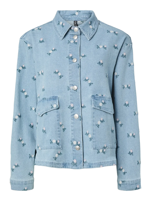 Pieces - Pcflora Ls Denim Emb Shirt - 5068169 Light Blue Denim Pink Flower Embroidery Skjorter 