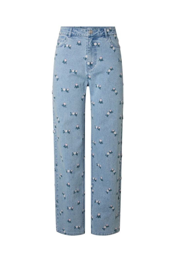 Pieces - Pcflora Straight Emb Jeans - 5068185 Light Blue Denim Pink Flower Embroidery