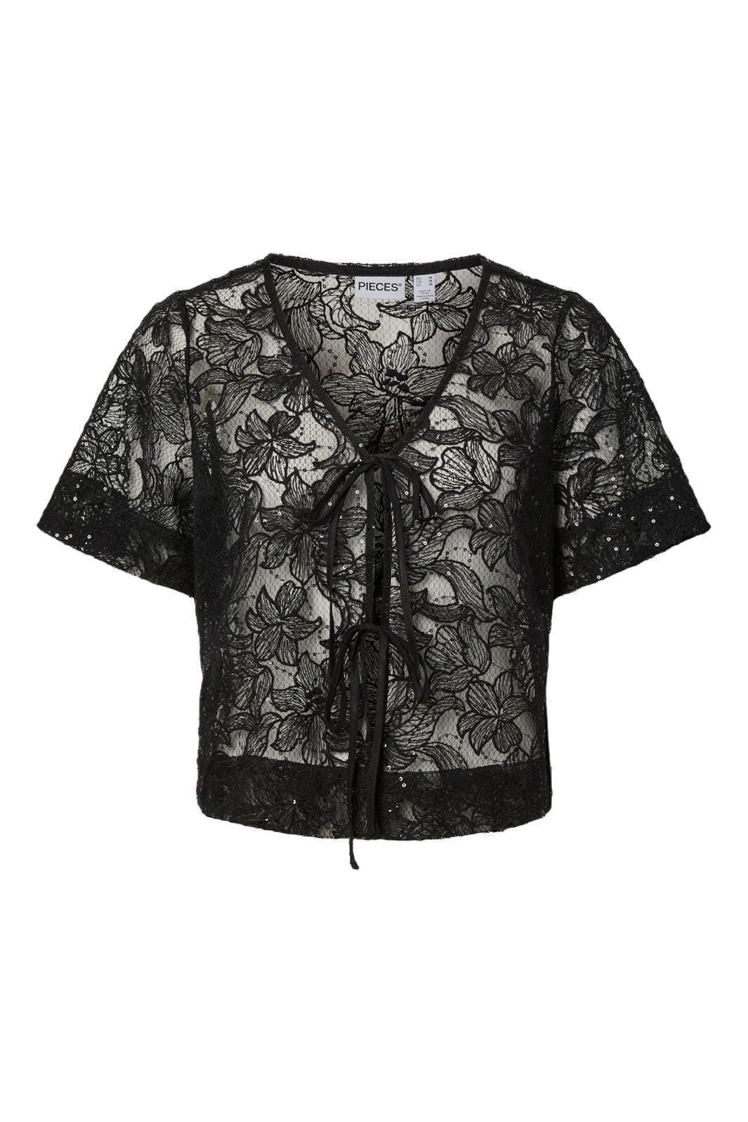 Pieces - Pclouise 2/4 V-Neck Tie Top - 5042915 Black T-shirts 