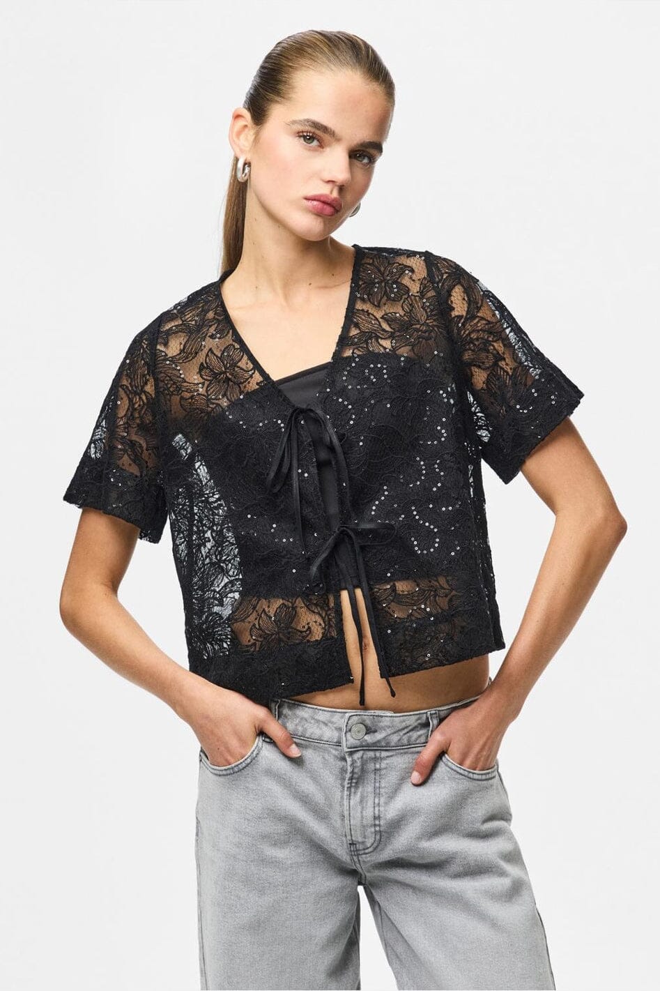 Pieces - Pclouise 2/4 V-Neck Tie Top - 5042915 Black