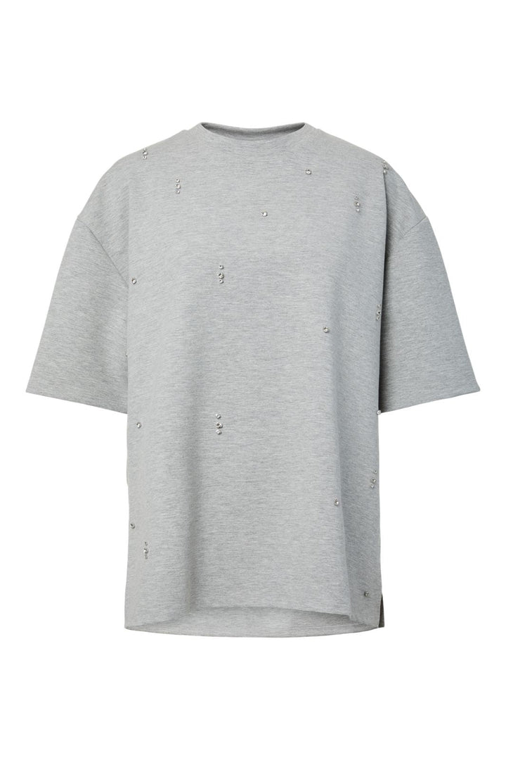 Pieces - Pcmuna Ss Oversize Detail Tee - 4993133 Medium Grey Melange Rhinestone