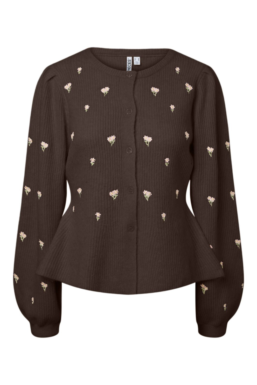 Pieces - Pcsilly Ls Puff Knit Cardigan Emb - 5164587 Hot Fudge Embroidery