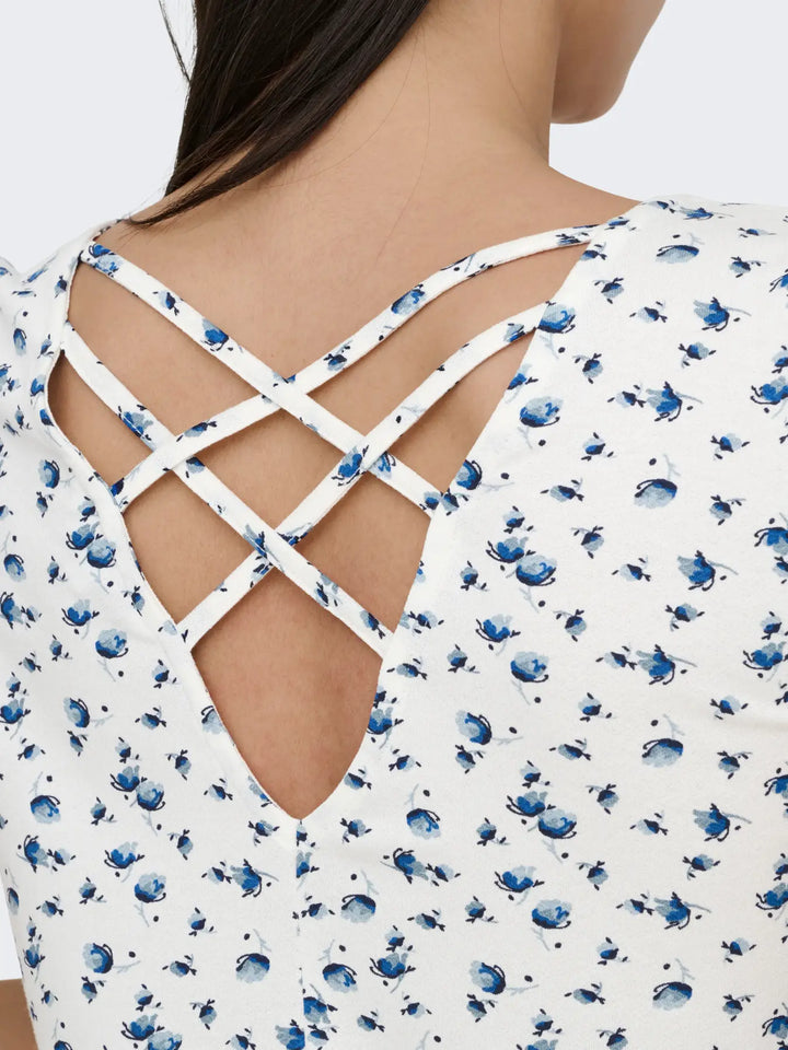 Only - Onlbera Back Lace Up S/S Top - 4967491 Cloud Dancer Tania Blue Flower