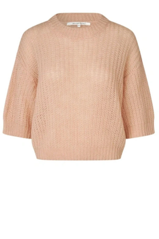 Second Female - Glora SS Knit Pullover 61299 - 3077 Cream Tan Strikbluser 