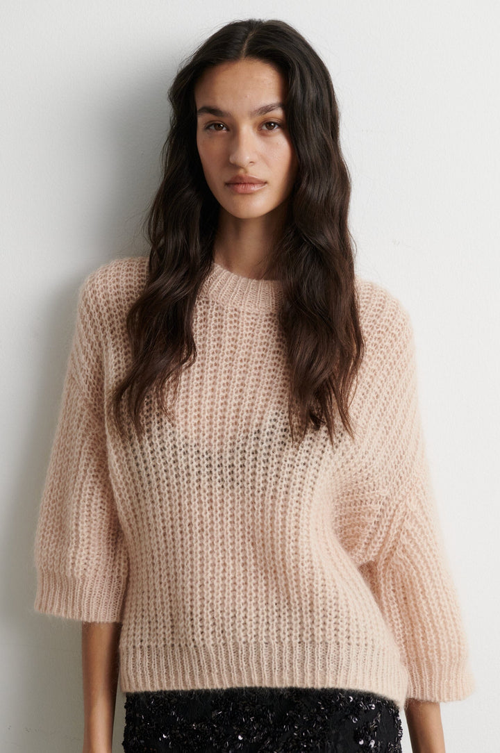 Second Female - Glora SS Knit Pullover 61299 - 3077 Cream Tan Strikbluser 