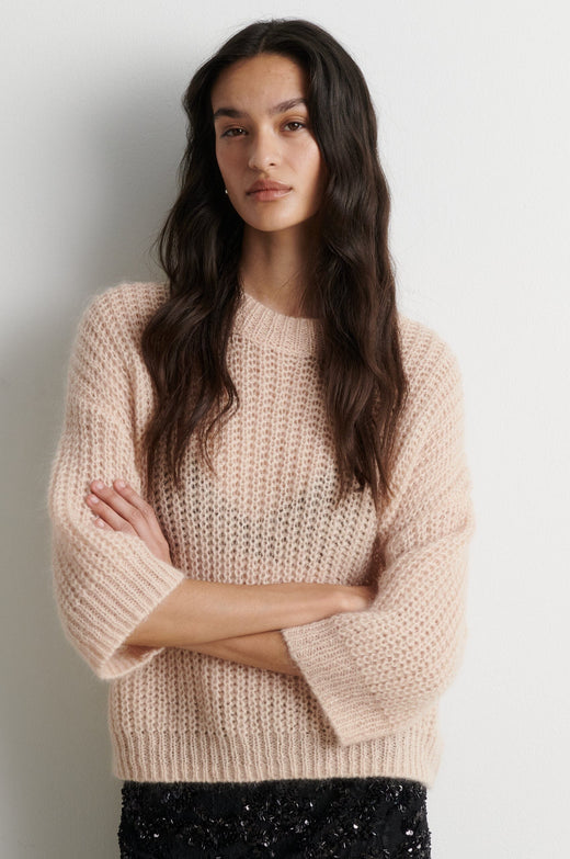 Second Female - Glora SS Knit Pullover 61299 - 3077 Cream Tan Strikbluser 