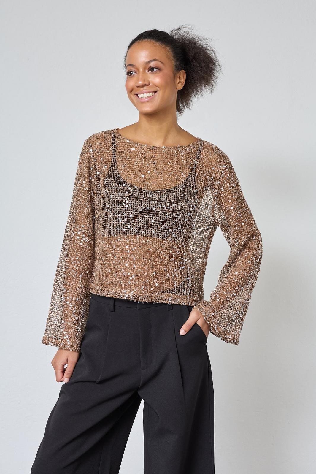 Sisters Point - Glisa-Ls 19500 - 802 - Brown Glitter Bluser 