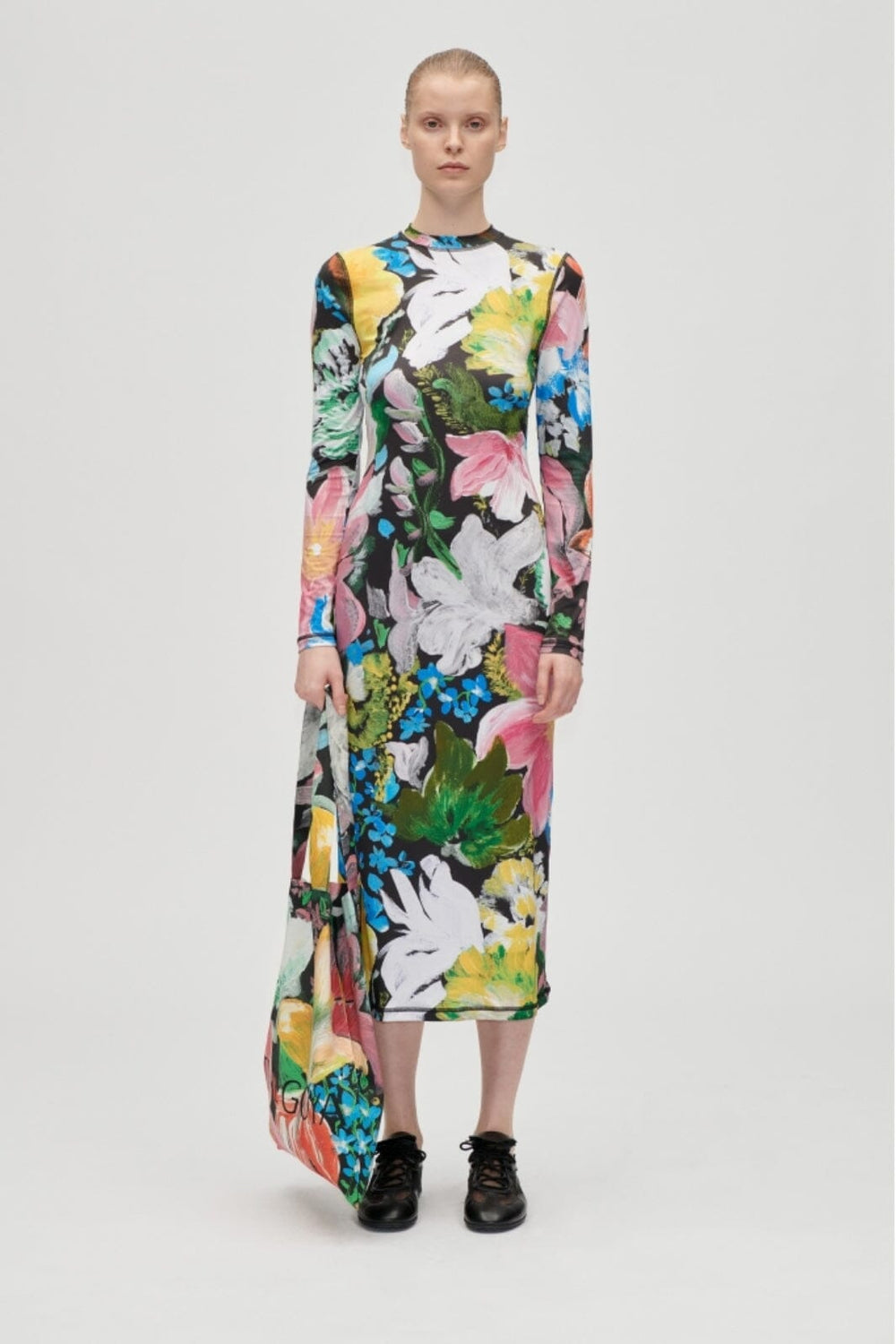 Stine Goya - 2244 Stocking Jersey, Pullover Long Sleeve Midi Dresssg-aw25-d074-2244 - Flowers Under The Sun