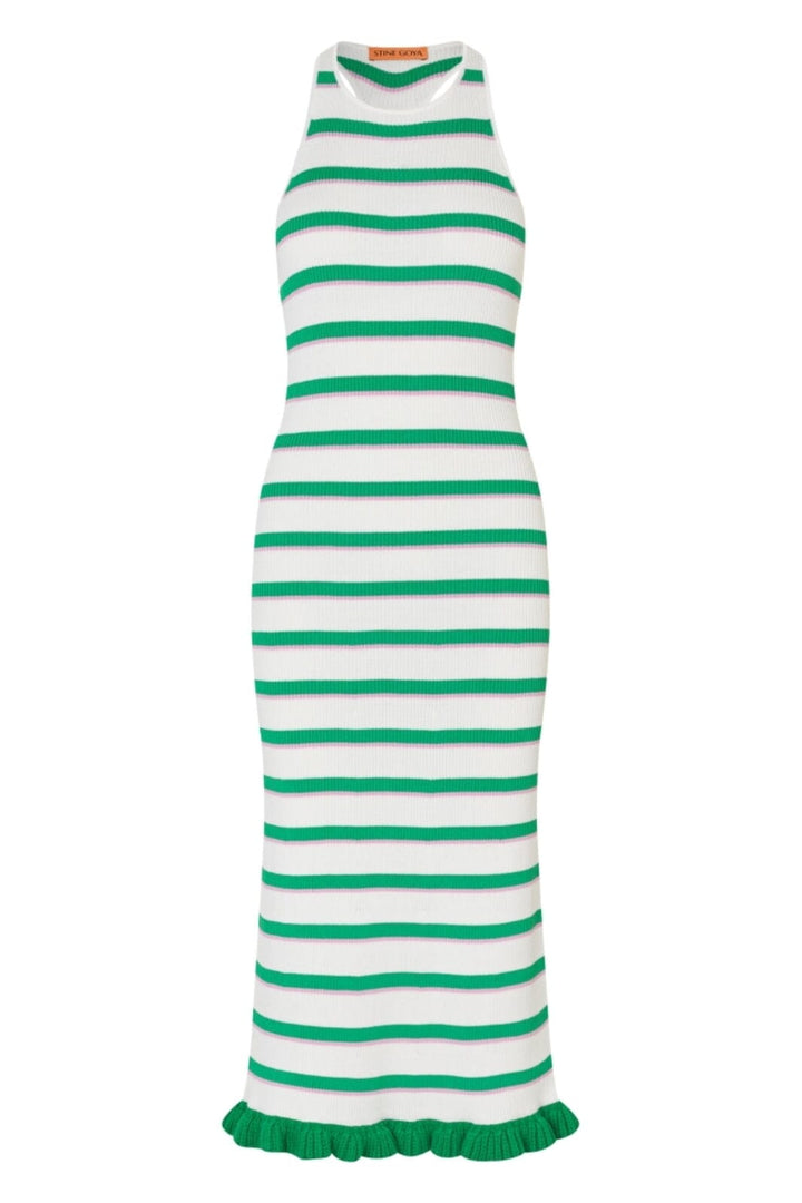 Stine Goya - 2383 Lightweight Knit, Ruffle Tank Dresssg-pf25-d147-2383 - Green And Pink Stripes