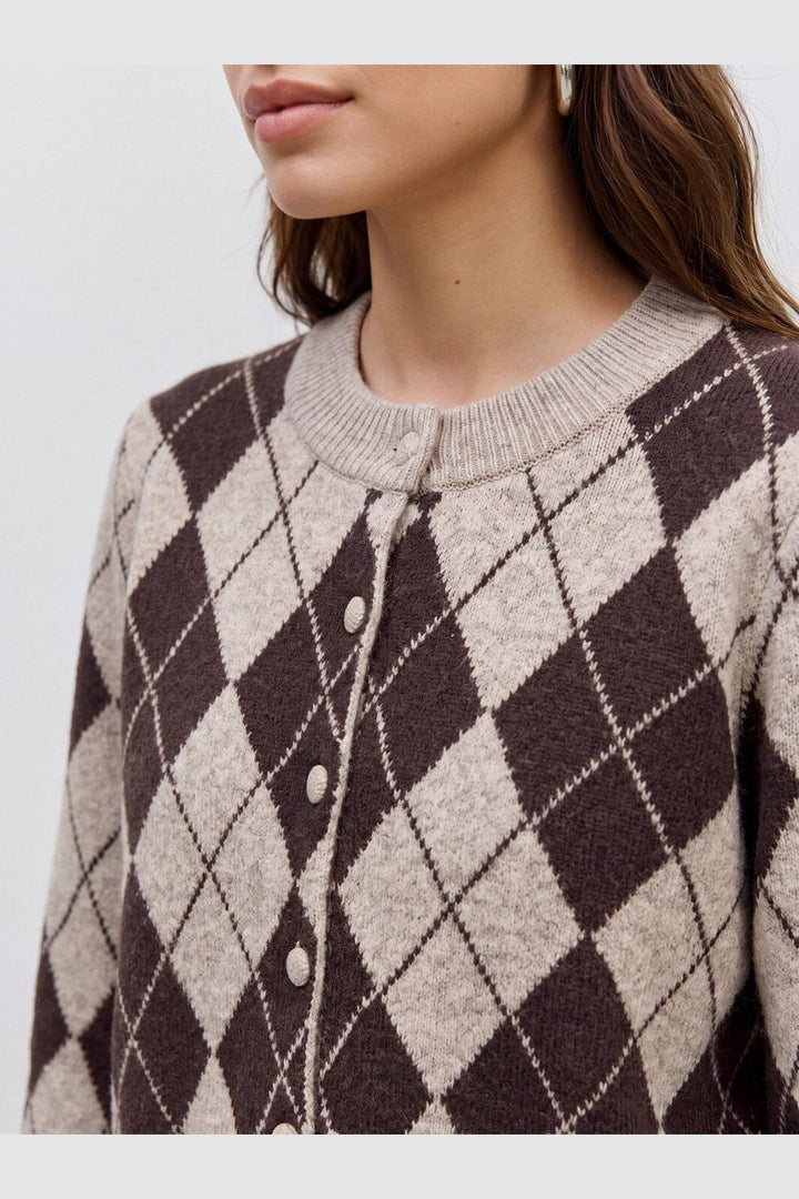 Vero Moda - Vmhalo Ls O-Neck Argyle Cardigan Boo - 5107731 Birch Choclate Torte