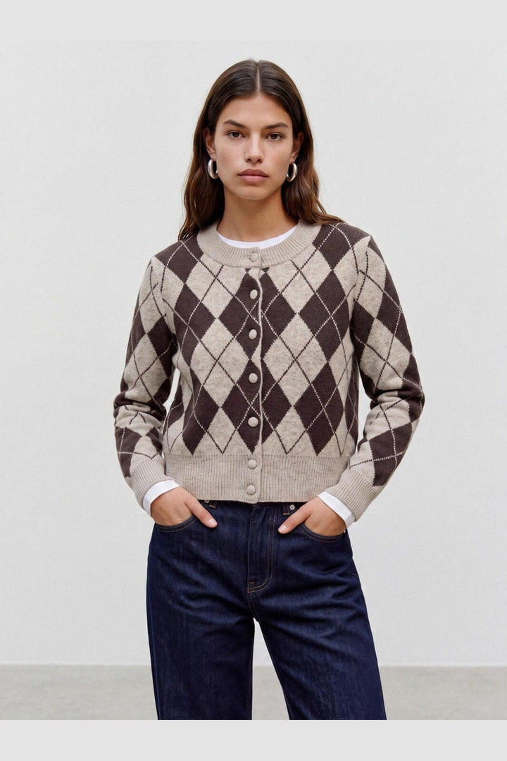 Vero Moda - Vmhalo Ls O-Neck Argyle Cardigan Boo - 5107731 Birch Choclate Torte