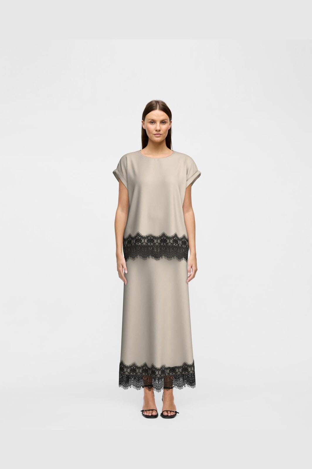 Vila - Viellette Ankle Lace Skirt - 5085043 Cement Black Lace