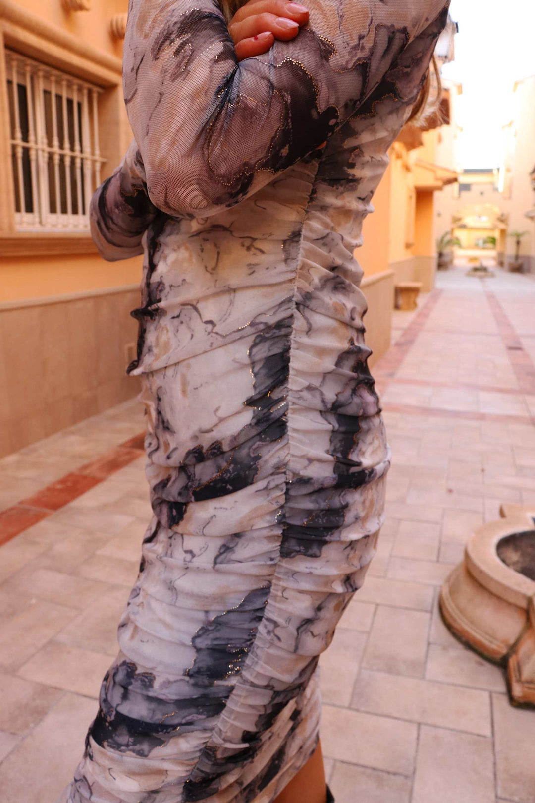 Liberte - Mesh Ls Long Dress 22219 - Black Grey Marble